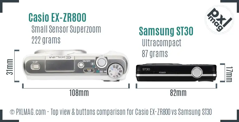Casio EX-ZR800 vs Samsung ST30 top view buttons comparison
