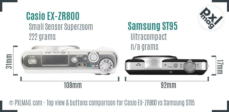 Casio EX-ZR800 vs Samsung ST95 top view buttons comparison Casio EX-ZR800 vs Samsung ST95 top view buttons comparison