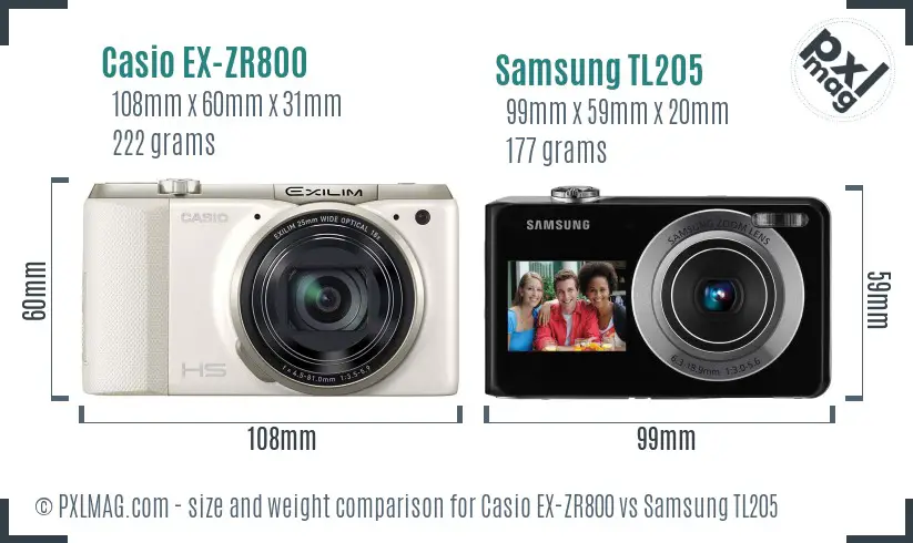 Casio EX-ZR800 vs Samsung TL205 size comparison