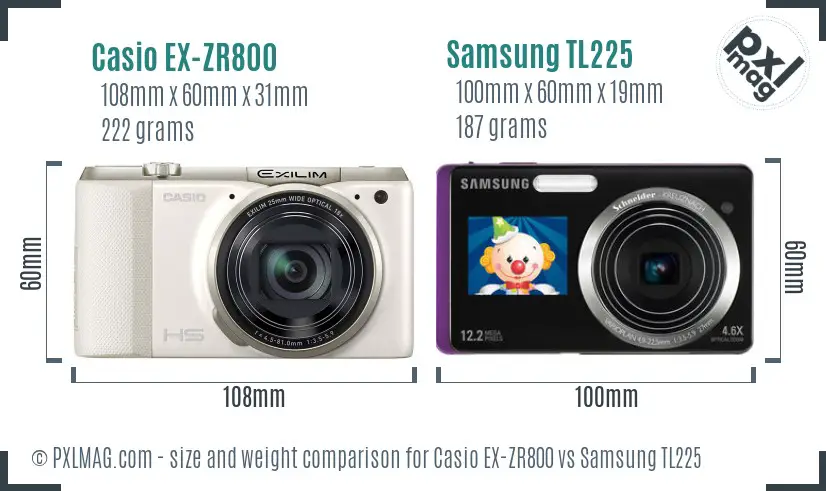 Casio EX-ZR800 vs Samsung TL225 size comparison