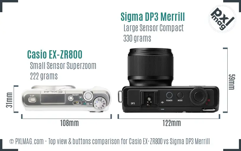 Casio EX-ZR800 vs Sigma DP3 Merrill top view buttons comparison Casio EX-ZR800 vs Sigma DP3 Merrill top view buttons comparison