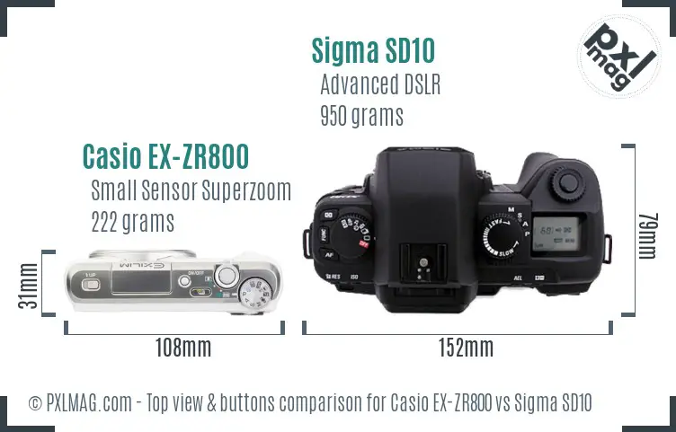 Casio EX-ZR800 vs Sigma SD10 top view buttons comparison Casio EX-ZR800 vs Sigma SD10 top view buttons comparison