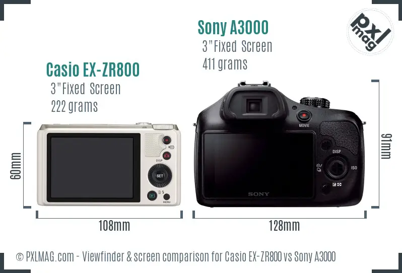 Casio EX-ZR800 vs Sony A3000 Screen and Viewfinder comparison