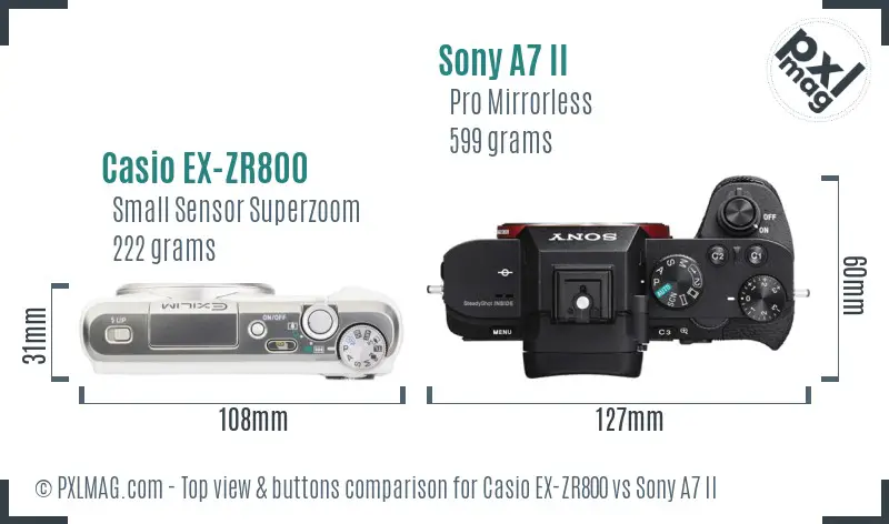 Casio EX-ZR800 vs Sony A7 II top view buttons comparison