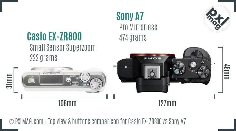 Casio EX-ZR800 vs Sony A7 top view buttons comparison