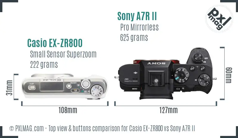 Casio EX-ZR800 vs Sony A7R II top view buttons comparison