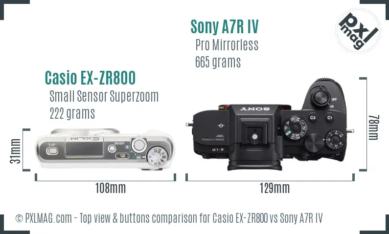 Casio EX-ZR800 vs Sony A7R IV top view buttons comparison Casio EX-ZR800 vs Sony A7R IV top view buttons comparison