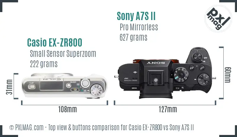 Casio EX-ZR800 vs Sony A7S II top view buttons comparison