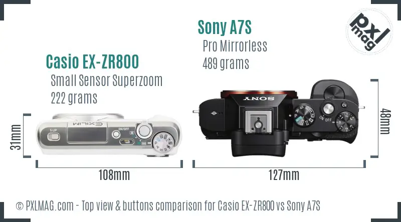 Casio EX-ZR800 vs Sony A7S top view buttons comparison Casio EX-ZR800 vs Sony A7S top view buttons comparison