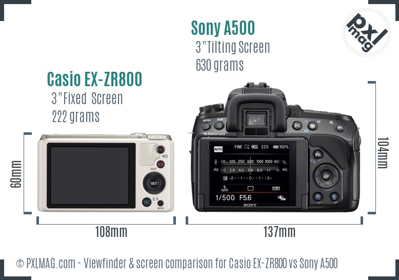 Casio EX-ZR800 vs Sony A500 Screen and Viewfinder comparison