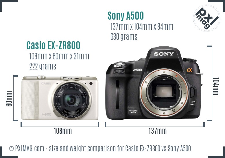Casio EX-ZR800 vs Sony A500 size comparison