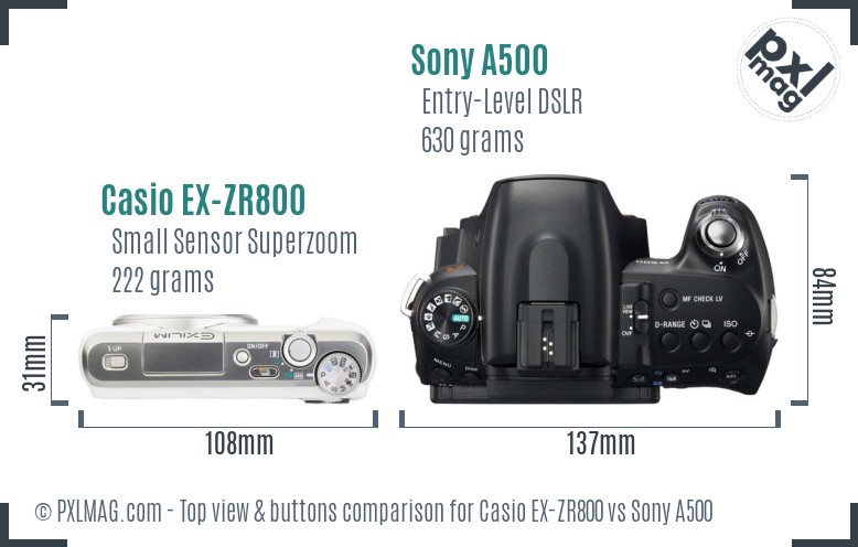 Casio EX-ZR800 vs Sony A500 top view buttons comparison