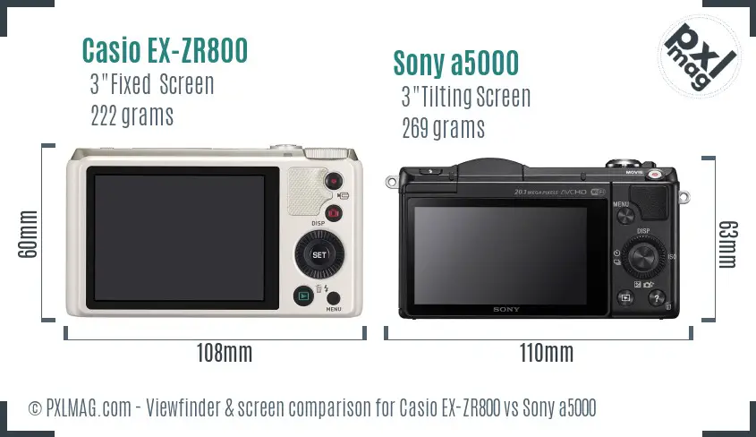 Casio EX-ZR800 vs Sony a5000 Screen and Viewfinder comparison