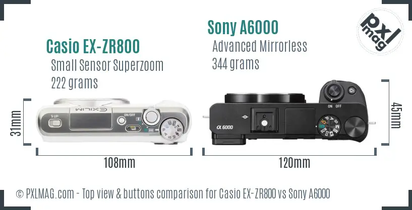 Casio EX-ZR800 vs Sony A6000 top view buttons comparison