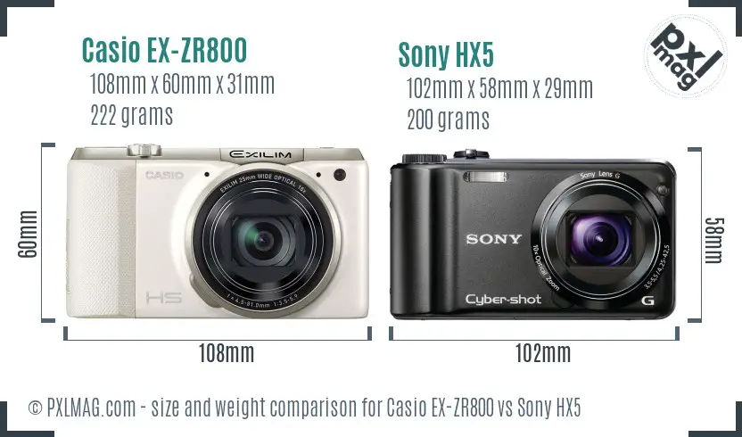 Casio EX-ZR800 vs Sony HX5 size comparison