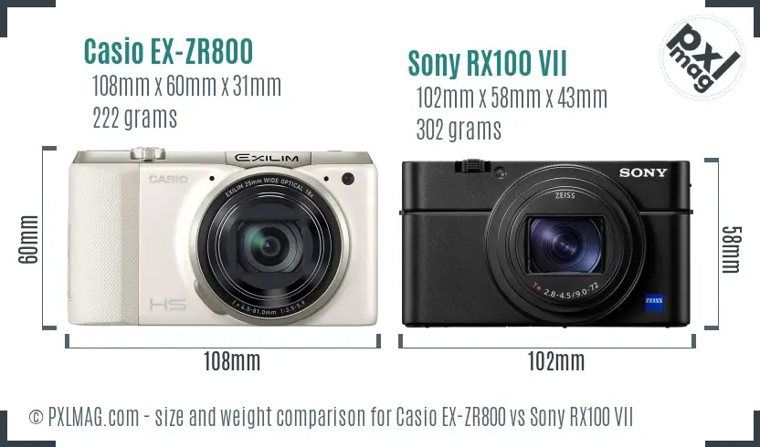 Casio EX-ZR800 vs Sony RX100 VII size comparison