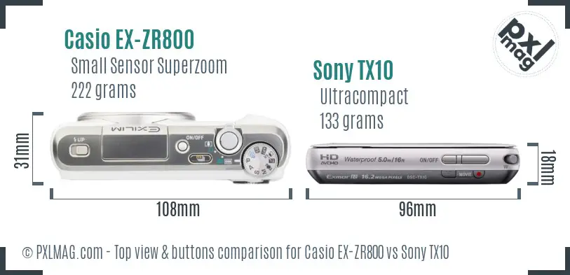 Casio EX-ZR800 vs Sony TX10 top view buttons comparison Casio EX-ZR800 vs Sony TX10 top view buttons comparison