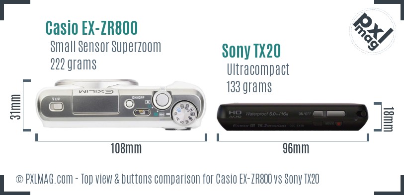 Casio EX-ZR800 vs Sony TX20 top view buttons comparison