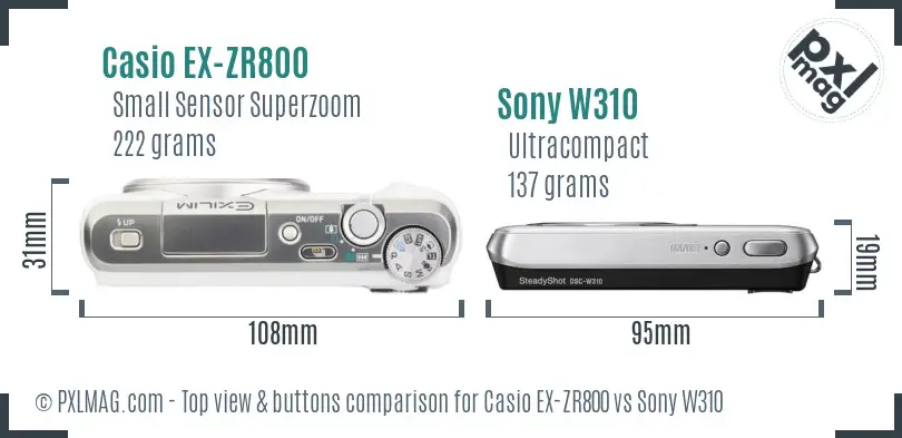 Casio EX-ZR800 vs Sony W310 top view buttons comparison Casio EX-ZR800 vs Sony W310 top view buttons comparison