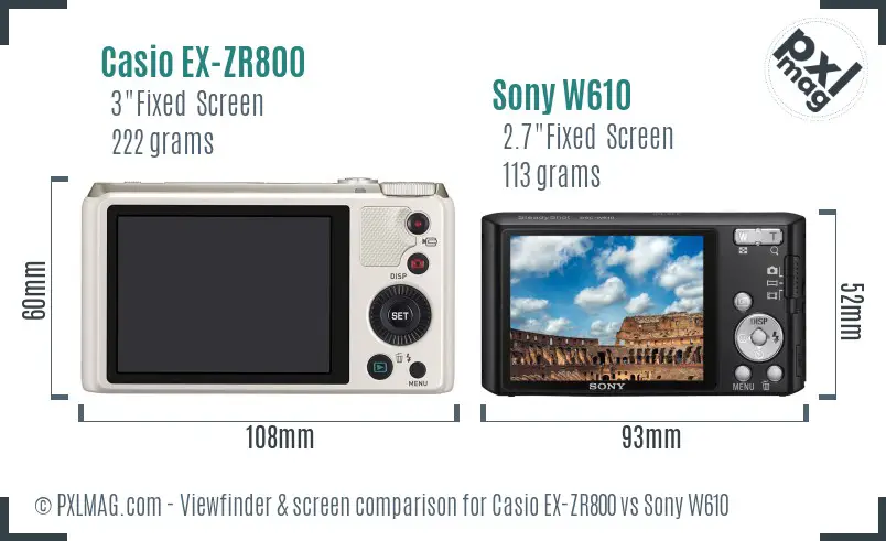 Casio EX-ZR800 vs Sony W610 Screen and Viewfinder comparison