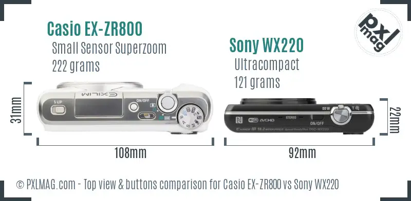 Casio EX-ZR800 vs Sony WX220 top view buttons comparison Casio EX-ZR800 vs Sony WX220 top view buttons comparison