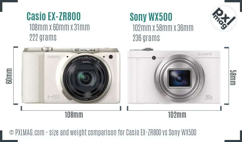Casio EX-ZR800 vs Sony WX500 size comparison