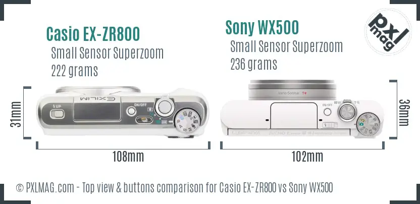 Casio EX-ZR800 vs Sony WX500 top view buttons comparison Casio EX-ZR800 vs Sony WX500 top view buttons comparison