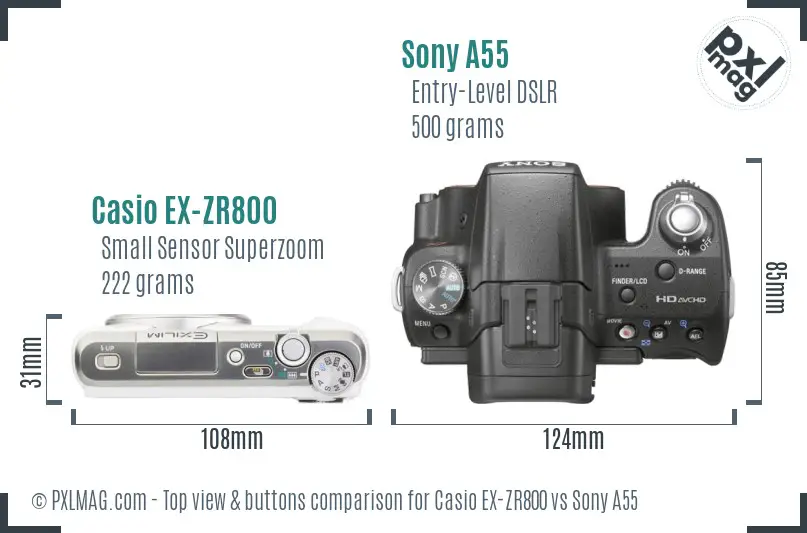 Casio EX-ZR800 vs Sony A55 top view buttons comparison