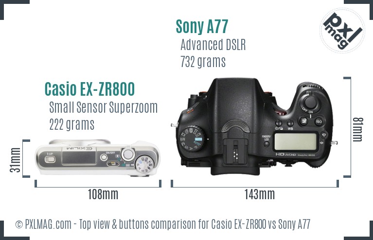 Casio EX-ZR800 vs Sony A77 top view buttons comparison