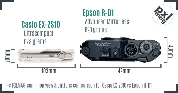 Casio EX-ZS10 vs Epson R-D1 top view buttons comparison Casio EX-ZS10 vs Epson R-D1 top view buttons comparison