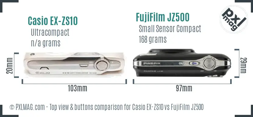 Casio EX-ZS10 vs FujiFilm JZ500 top view buttons comparison