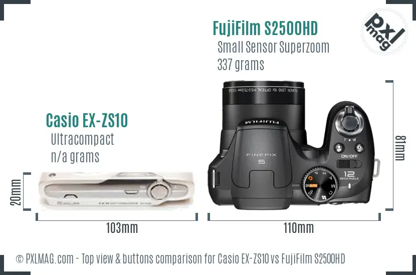 Casio EX-ZS10 vs FujiFilm S2500HD top view buttons comparison