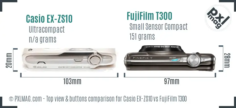 Casio EX-ZS10 vs FujiFilm T300 top view buttons comparison Casio EX-ZS10 vs FujiFilm T300 top view buttons comparison