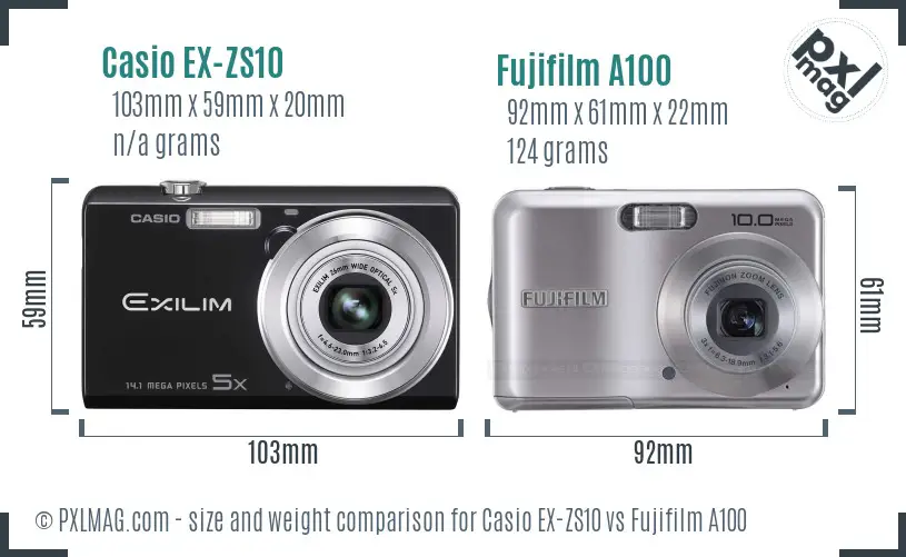 Casio EX-ZS10 vs Fujifilm A100 size comparison