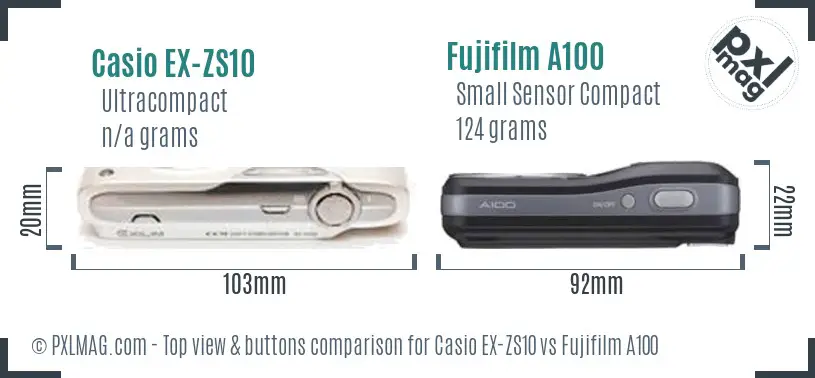 Casio EX-ZS10 vs Fujifilm A100 top view buttons comparison