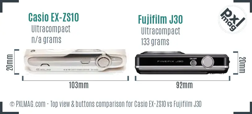 Casio EX-ZS10 vs Fujifilm J30 top view buttons comparison