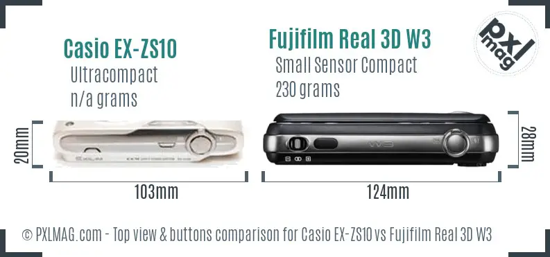 Casio EX-ZS10 vs Fujifilm Real 3D W3 top view buttons comparison Casio EX-ZS10 vs Fujifilm Real 3D W3 top view buttons comparison