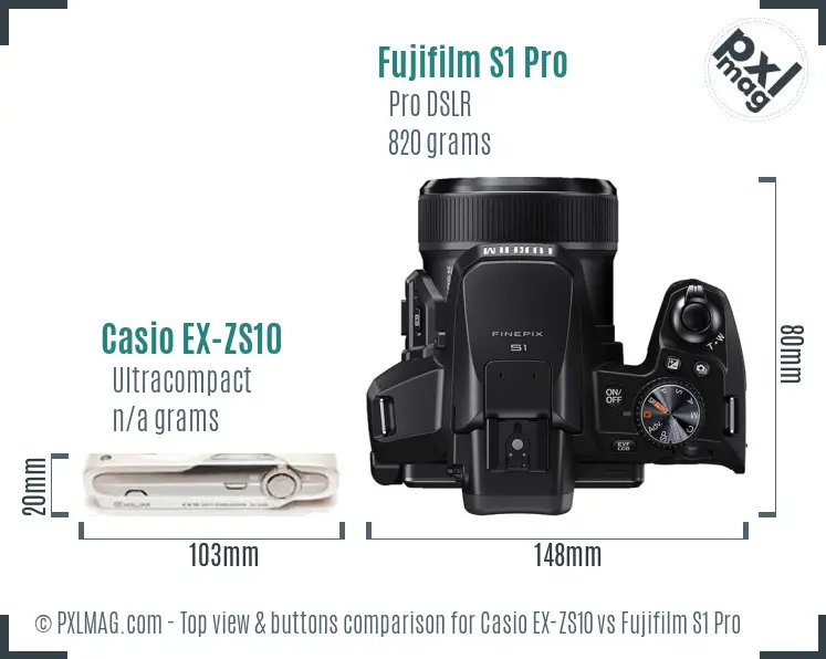 Casio EX-ZS10 vs Fujifilm S1 Pro top view buttons comparison Casio EX-ZS10 vs Fujifilm S1 Pro top view buttons comparison