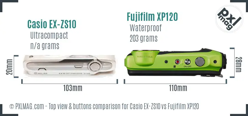 Casio EX-ZS10 vs Fujifilm XP120 top view buttons comparison
