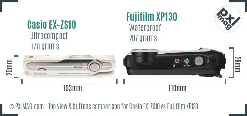Casio EX-ZS10 vs Fujifilm XP130 top view buttons comparison Casio EX-ZS10 vs Fujifilm XP130 top view buttons comparison