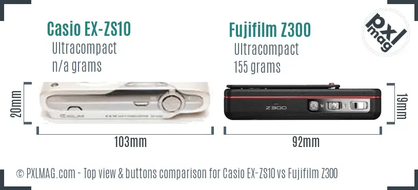 Casio EX-ZS10 vs Fujifilm Z300 top view buttons comparison Casio EX-ZS10 vs Fujifilm Z300 top view buttons comparison