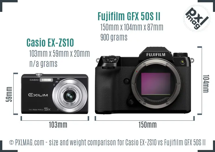 Casio EX-ZS10 vs Fujifilm GFX 50S II size comparison
