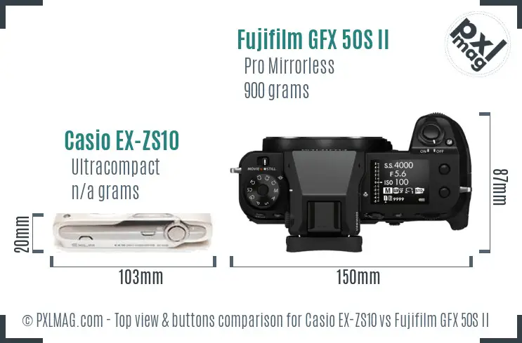 Casio EX-ZS10 vs Fujifilm GFX 50S II top view buttons comparison