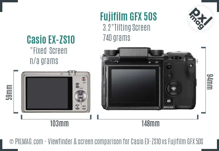 Casio EX-ZS10 vs Fujifilm GFX 50S Screen and Viewfinder comparison