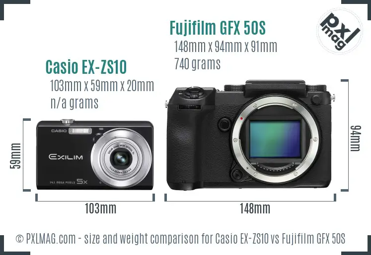 Casio EX-ZS10 vs Fujifilm GFX 50S size comparison
