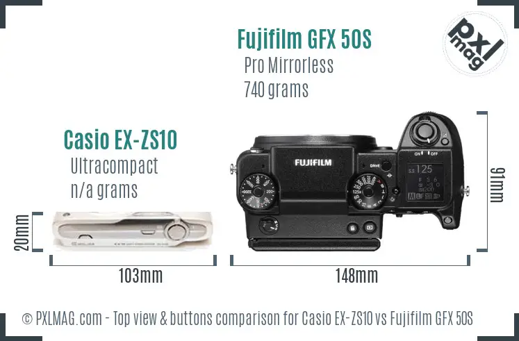 Casio EX-ZS10 vs Fujifilm GFX 50S top view buttons comparison