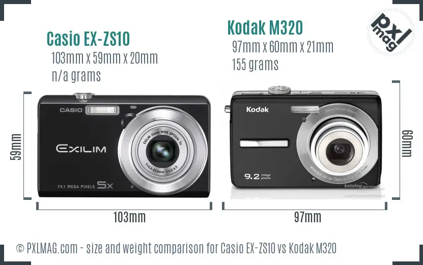 Casio EX-ZS10 vs Kodak M320 size comparison
