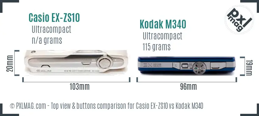 Casio EX-ZS10 vs Kodak M340 top view buttons comparison Casio EX-ZS10 vs Kodak M340 top view buttons comparison