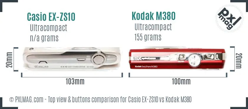 Casio EX-ZS10 vs Kodak M380 top view buttons comparison Casio EX-ZS10 vs Kodak M380 top view buttons comparison
