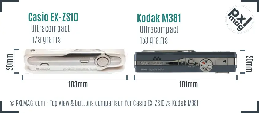 Casio EX-ZS10 vs Kodak M381 top view buttons comparison Casio EX-ZS10 vs Kodak M381 top view buttons comparison